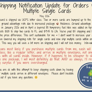 May include: A handwritten notice on a cream-colored background with a blue border. The text discusses shipping updates for multiple single card orders, including changes in shipping costs and methods. A circular graphic with a money bag and text is in the lower right.