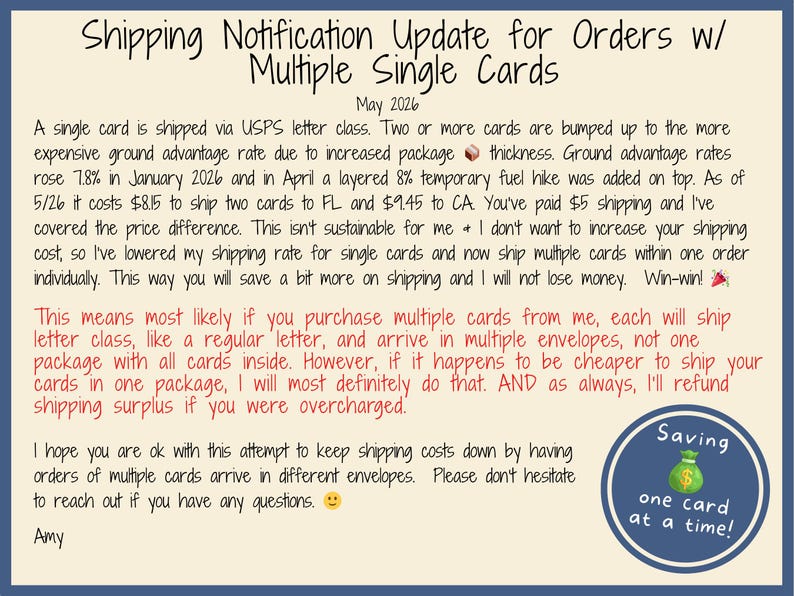 May include: A handwritten notice on a cream-colored background with a blue border. The text discusses shipping updates for multiple single card orders, including changes in shipping costs and methods. A circular graphic with a money bag and text is in the lower right.