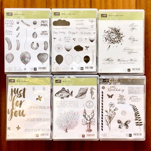 Stampin Up Gently Used Retired Stamps Sets, Balloon Builders, Balloon Celebration, Blooming with Kindness, By the Tide, Butterfly Basics
