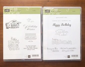 Stampin Up Bring on the Cake Double Stamp Set of 12 Stamps, Gently Used Retired Stamps, Cake, Candles Birthday Sentiments, DIY Card Making