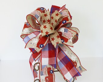 Country Style 4th of July Wreath Bow, Patriotic Swag Bow, Americana Lantern Bow, Summertime Bow Decorator Bow, Farmhouse Patriotic Bow Decor