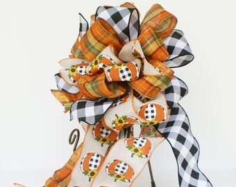 Buffalo Check Fall Pumpkin Wreath Bow, Autumn Pumpkins Door and Lantern Decor