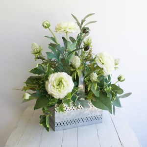 White Ranunculus Greenery Arrangement, Year-Round Greenery Arrangement, Farmhouse Style Greenery Floral Design, Green and White Floral