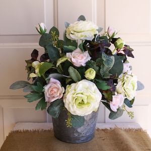 Cottage Floral Arrangement, French Country Farmhouse ,Farmhouse Door Pocket with Roses,  Faux Floral  Door Décor, Year Round Arrangement