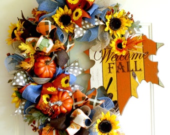 Sunflower Pumpkin Fall Wreath, Farmhouse Autumn Door Decor