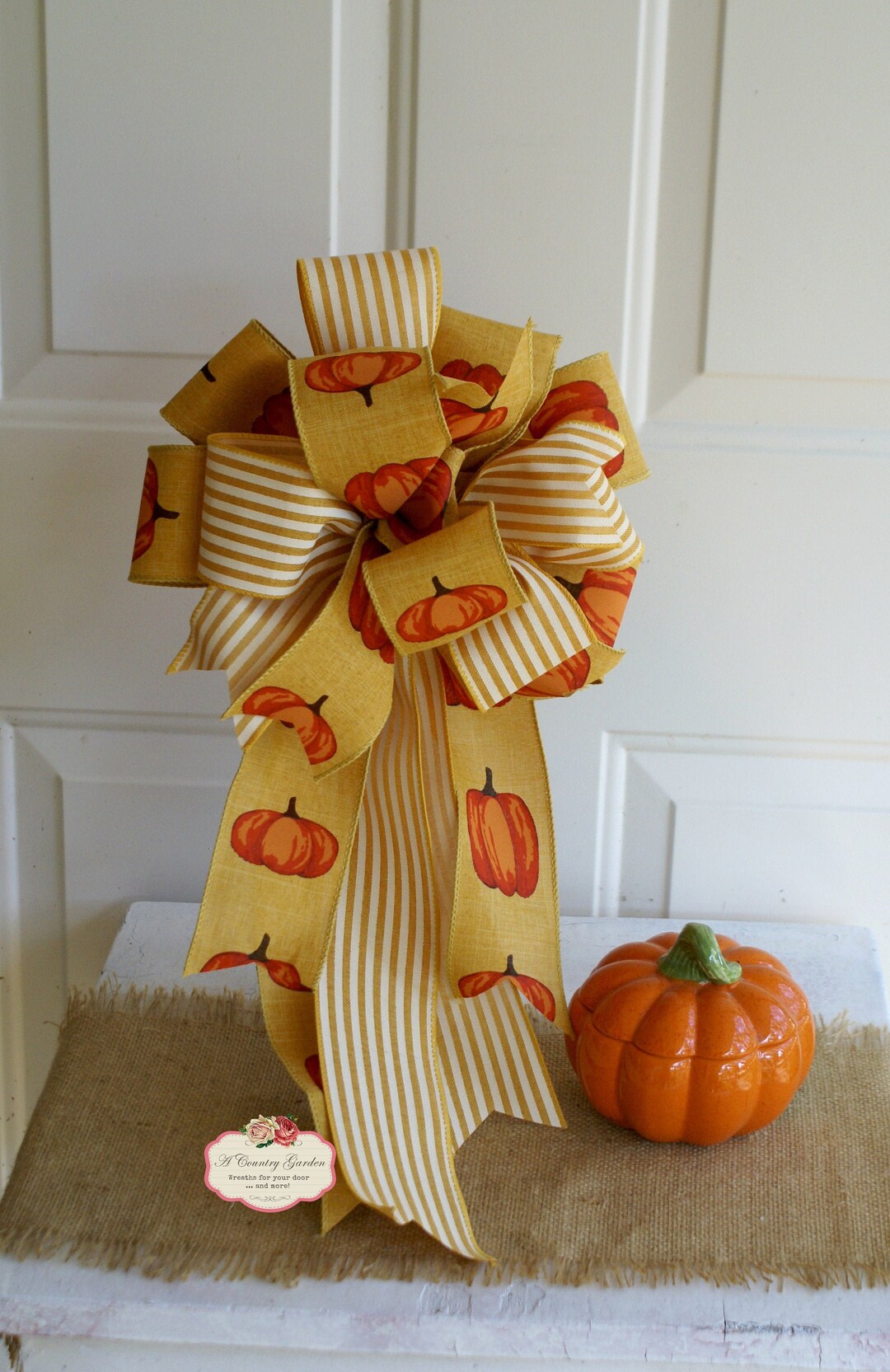 Rustic Fall Bow Fall Decorator Bow, Mustard Yellow Pumpkin Bow, Fall Pumpkin Farmhouse ...