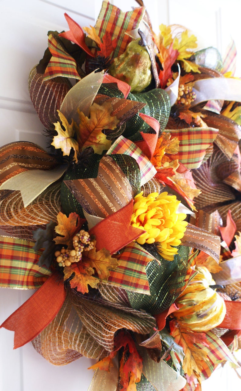 Deco Mesh Autumn Leaves Wreath Fall Deco Mesh Door Wreath Etsy