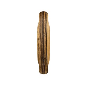 May include: A wooden longboard deck with a natural wood finish and black wood grain. The deck has a slight concave shape and a kicktail.