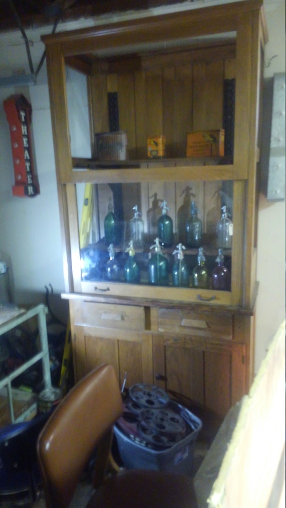 Antique Apothecary Pharmacy Display Case Showcase Cabinet Cast Iron Shelves Country Store General Store Oak Wood