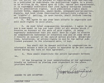 Jayne Mansfield Vintage Autographed Autograph Signed Document Agent Contract 1959 Rare