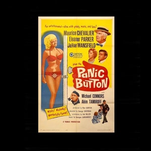 May include: Vintage movie poster for "Panic Button" featuring a woman in a red bikini, and the film's title in large letters. The poster has a yellow background with the names of the actors and production details.