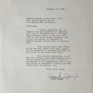 Lloyd Gough Vintage Autographed Autograph Signed Samuel Goldwyn Productions Letter  1949