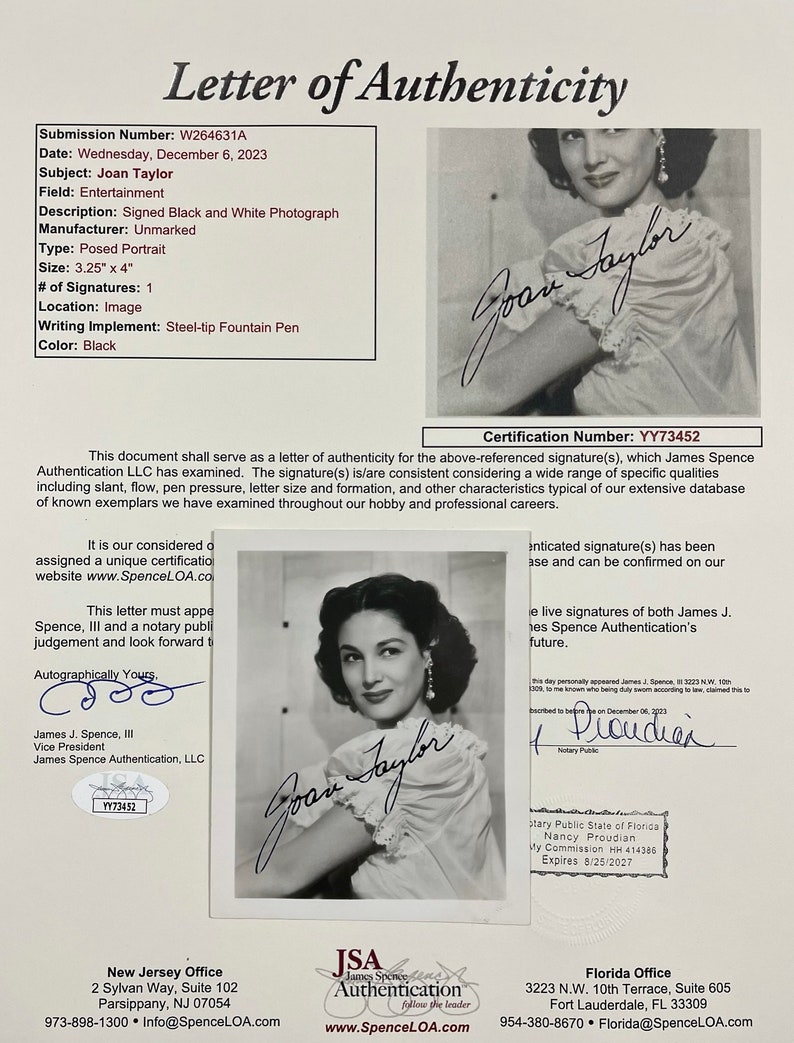 Jsa Authentication Letters JOAN TAYLOR Vintage Autographed Autograph Signed Hollywood Film Movie ...