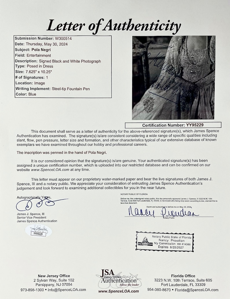 Jsa Authentication Letters POLA NEGRI Vintage Autograph Signed 7