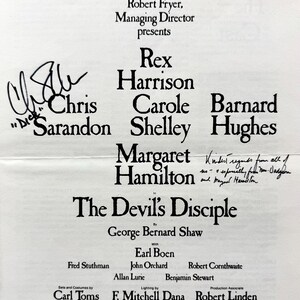 May include: A vintage playbill for "The Devil's Disciple" by George Bernard Shaw, featuring Rex Harrison and Chris Sarandon. The playbill includes the date, theater, and director's names, with a handwritten signature.