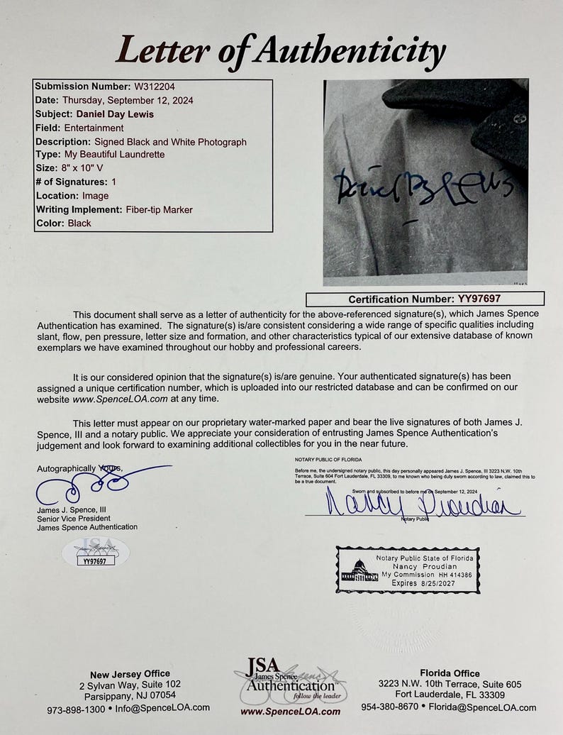 Jsa Authentication Letters Daniel Day-lewis Autograph Signed 8
