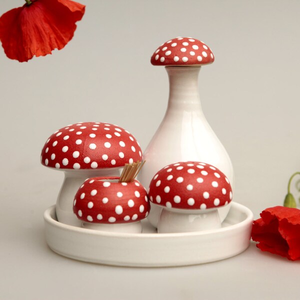 Amanita set - Salt & Pepper Shakers, Toothpick holder, Vinegar or oil bottle / white tray