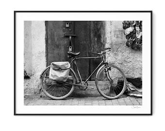 Marrakech Bike-Black and White Photography-Photography-Vintage-Black and White Wall Art-Bike-Photograph