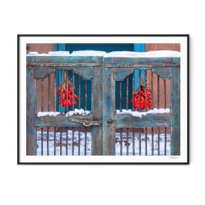 Ristras in Winter-Southwestern Decor-Santa Fe-New Mexico-Santa Fe-New Mexico Art-Christmas-Snow-Chili Ristra