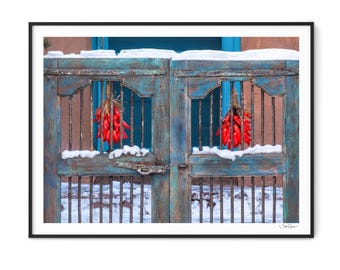 Ristras in Winter-Southwestern Decor-Santa Fe-New Mexico-Santa Fe-New Mexico Art-Christmas-Snow-Chili Ristra