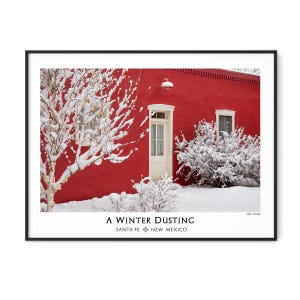 A Winter Dusting-Santa Fe-Red-Snow-Winter-Red Building-Southwestern Decor-Art Print-Wall Art-New Mexico