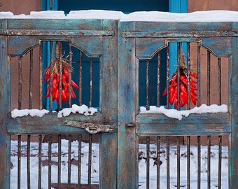 Ristras in Winter-Southwestern Decor-Santa Fe-New Mexico-Santa Fe-New Mexico Art-Christmas-Snow-Chili Ristra