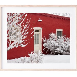 A Winter Dusting-Santa Fe-Red-Snow-Winter-Red Building-Southwestern Decor-Art Print-Wall Art-New Mexico