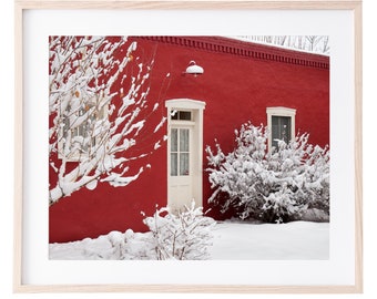 A Winter Dusting-Santa Fe-Red-Snow-Winter-Red Building-Southwestern Decor-Art Print-Wall Art-New Mexico