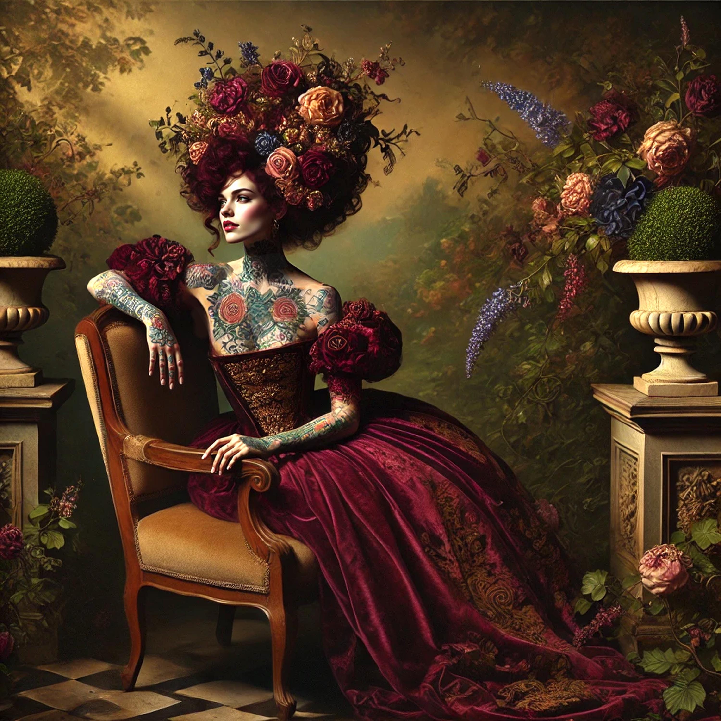 Tattooed Rococo Queen Art Print: Gothic Victorian Floral Portrait