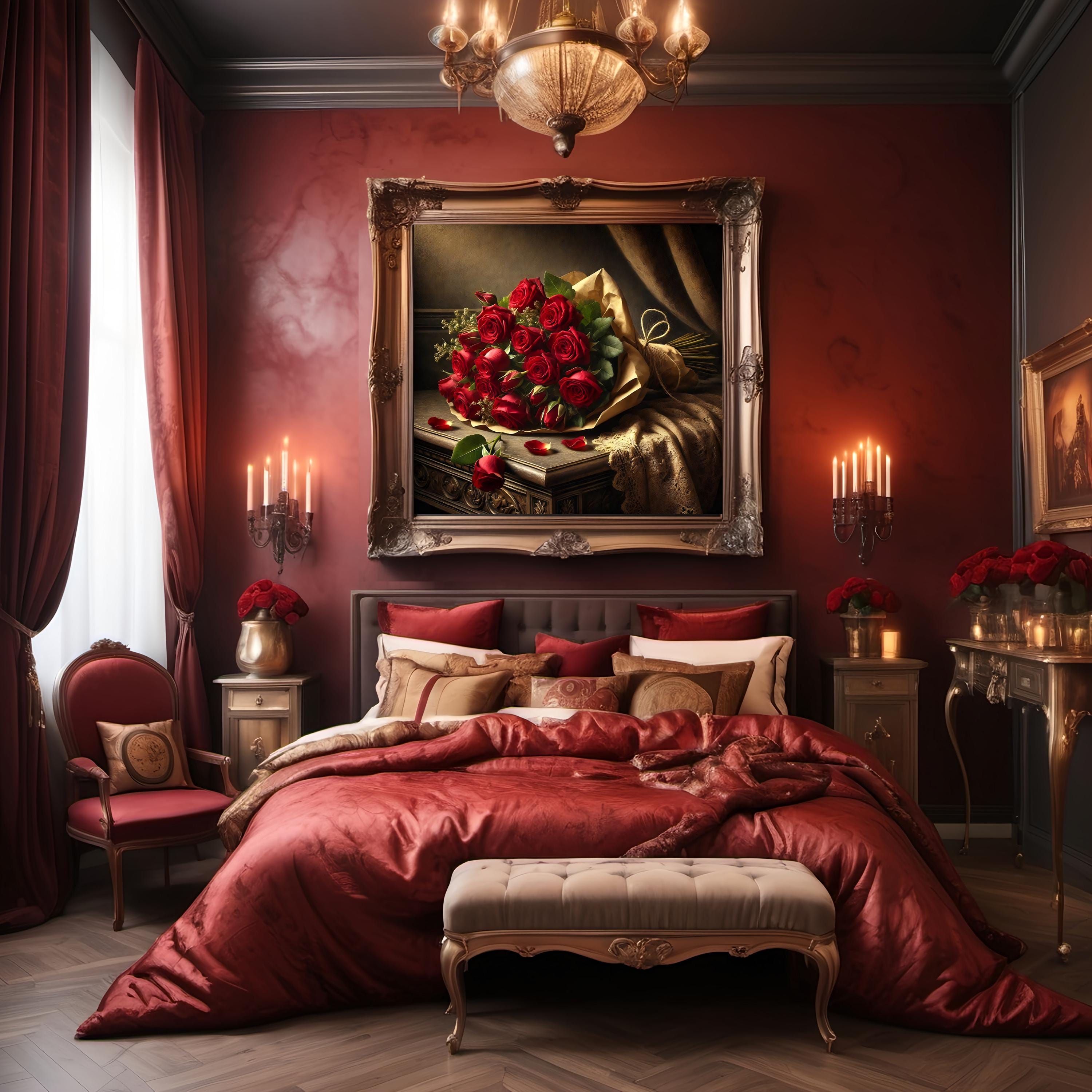 Romantic Red Rose Bouquet Still Life Wall Art Vintage Valentine's Day ...