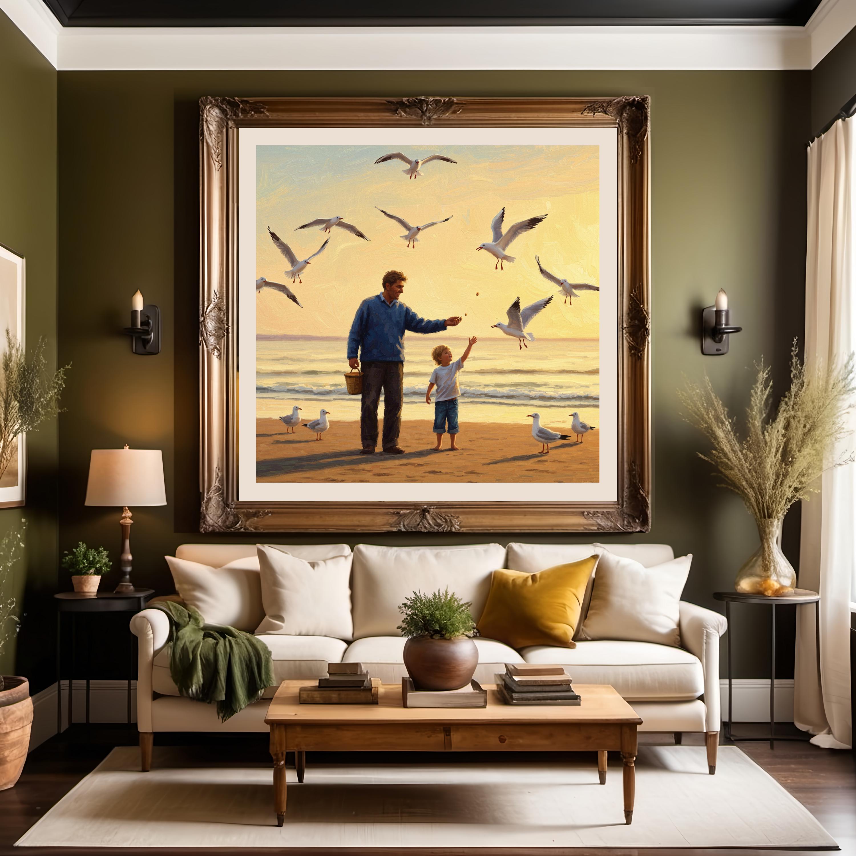 父と子のカモメの絵画：海岸の夕日のアート（デジタルダウンロード、30
