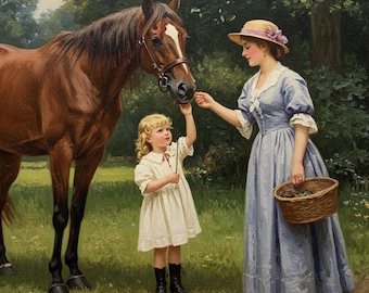 Vintage paard schilderij: moeder en dochter, rustiek boerderijdecor (digitale print)