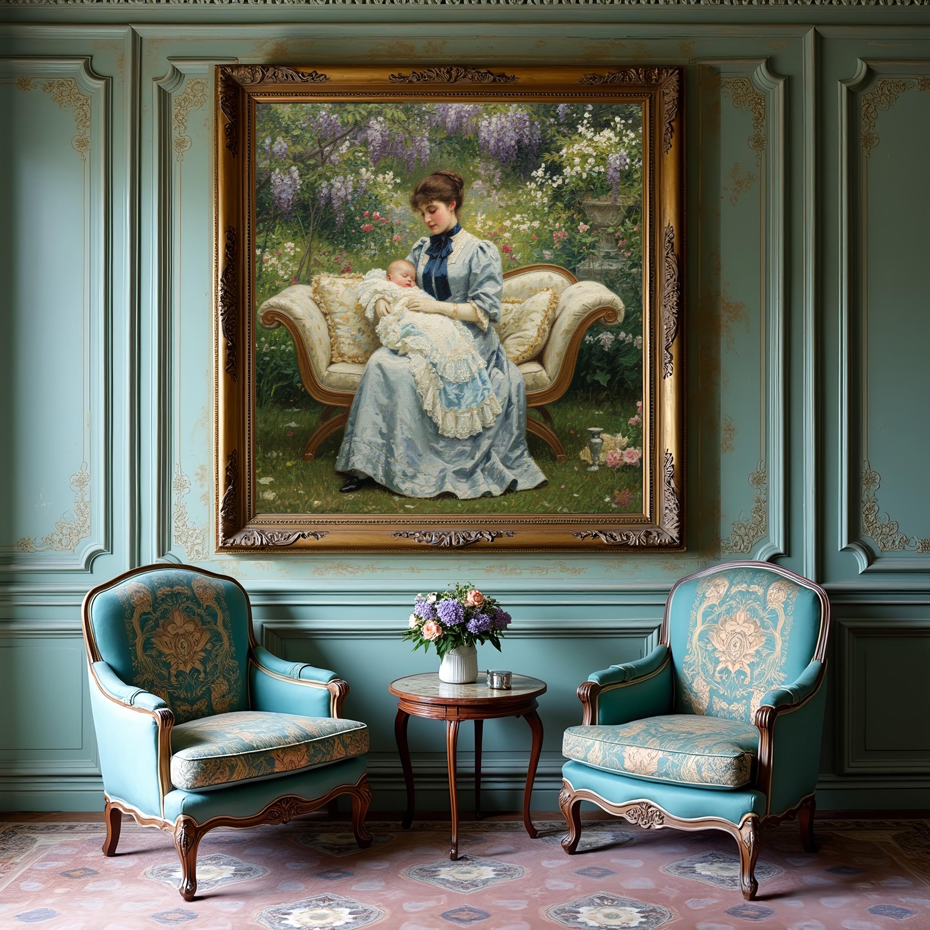 ビクトリア朝時代の母と子の庭の絵画：ヴィンテージの花の保育園アート