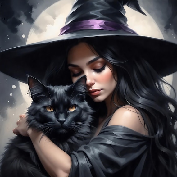 Mystical Witch Black Cat Print: Gothic Halloween Decor (digital