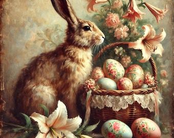 Vintage Easter Bunny Print: Victorian Floral Basket Art (Digital Download PNG)