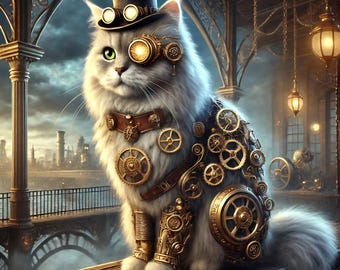 スチームパンク風猫のウォールアート – ヴィンテージ風機械仕掛けの猫