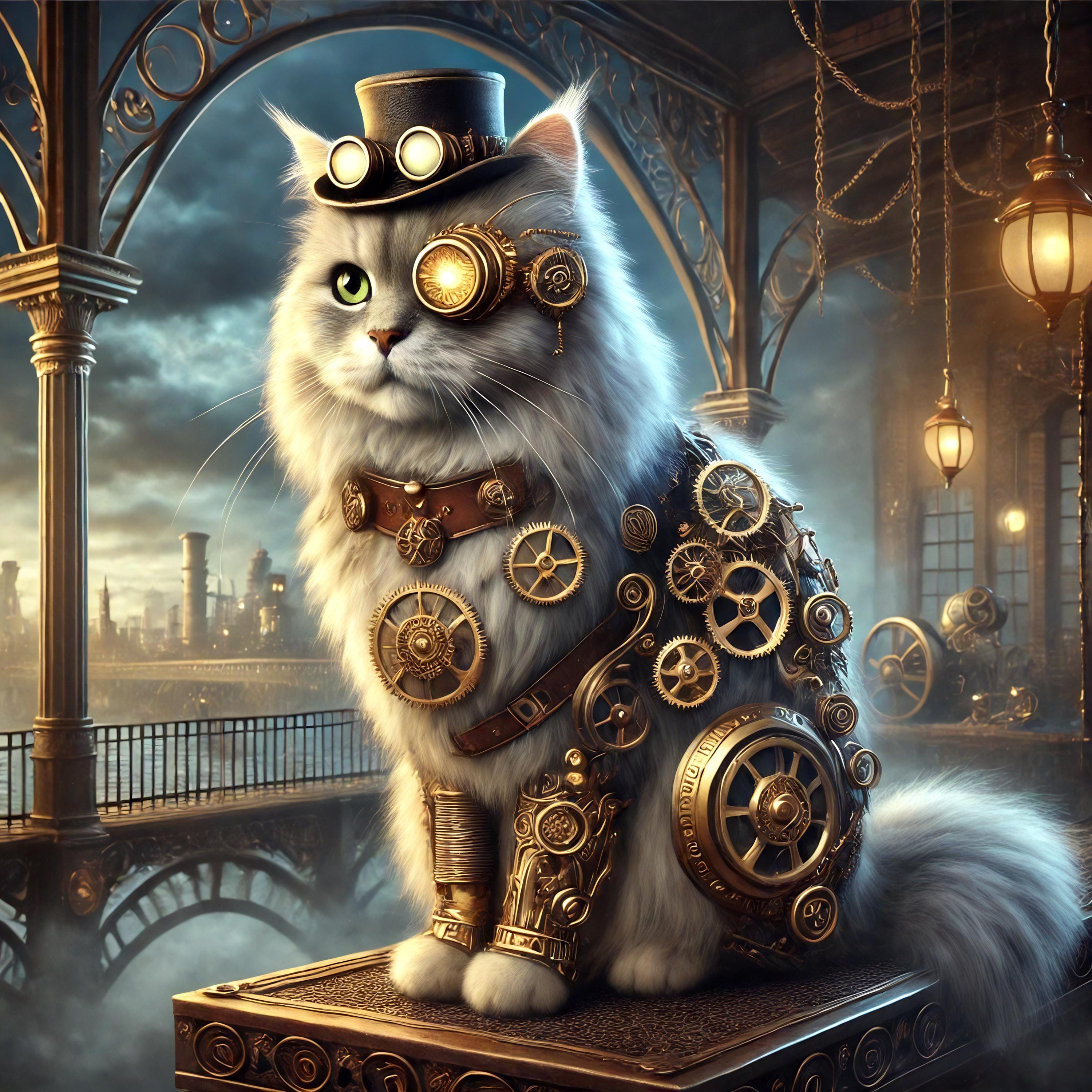 スチームパンク猫のアートプリント：ビクトリア朝の時計仕掛けの猫