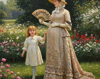 Victorian Mother & Daughter Garden Art: Vintage Floral Painting (Digital Download)