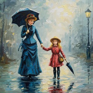 Vintage painting rainy walk mother and daughter oil print digital art umbrella scene Victorian street cozy wall decor gift for her