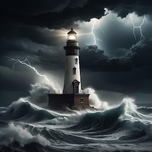Lighthouse in stormy sea digital wall art ocean storm painting printable nautical artwork coastal lighthouse digital print download gift