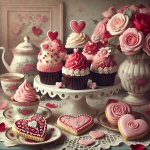 Vintage Valentine&#39;s Tea Party Print: Cupcakes & Cookies (Digital Download)