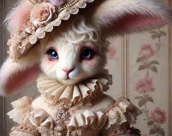 Victorian Rabbit Portrait: Whimsical Bunny in Lace Gown (Digital Download)