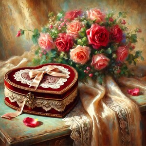 May include: A heart-shaped red velvet jewelry box with delicate lace trim and a satin ribbon. The box is sitting on a table with a bouquet of pink and red roses in the background.