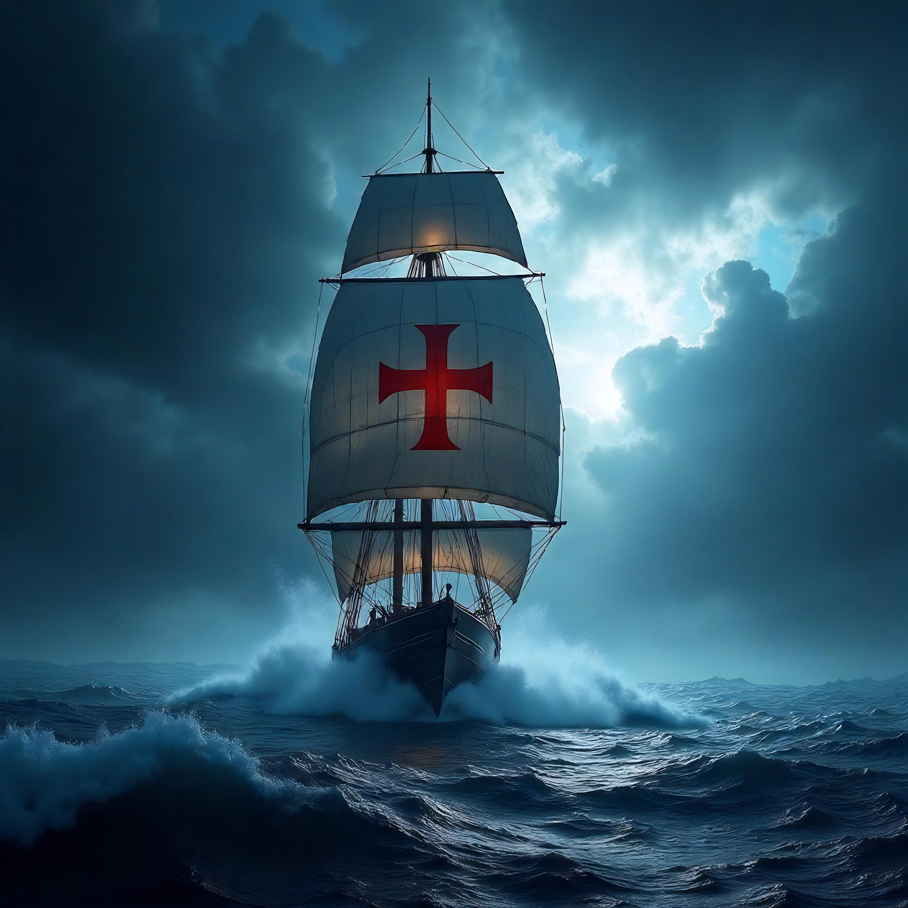 Red Cross Ship Nautical Art Print: Dramatic Ocean Seascape