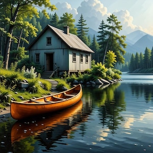 Lake Wall Art Rustic Fishing Shack with Red Canoe Digital Print Tranquil Nature Decor Serene Landscape Digital Download Lakeside Retreat Art
