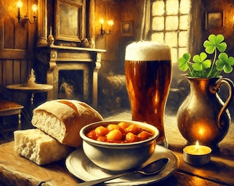 Stampa artistica di natura morta in un pub irlandese: scena di taverna d'epoca (download digitale)