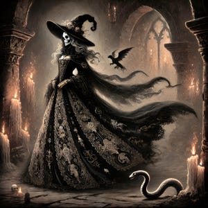 Gothic Witch Skeleton Art Print: Dark Fantasy Halloween Decor (Digital Download)