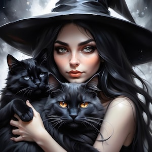 May include: A woman with long black hair wearing a black witch's hat holds two black cats in her arms. The woman has a soft, ethereal look with delicate features and a gentle expression. The cats are nestled against her, looking up at the viewer with curious eyes.