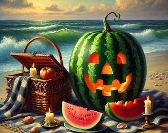 Stampa di zucca di Halloween a forma di anguria: Picnic spettrale sulla spiaggia di Halloween (Download digitale)