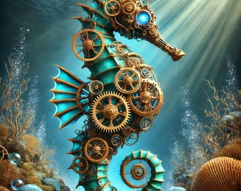 Steampunk Mechanical Fish Art: Nautical Sci-fi Print (digital